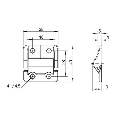 Technical drawing of 270 Degree Torque Hinge Friction Stay Hinge Zinc Alloy Black With Constant Torque 2.3Nm dimensions