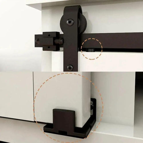 Two And A Half Foot Sliding Barn Door Hardware Kit For Single Door TV Stands And Small Cabinets J Shaped Hanger System With Carbon Steel Track Frosted Black Finish Stainless Steel Wheel Bearings And Nylon Rollers For Quiet Smooth Operation No Cabinet, close-up of installed hardware on white cabinet