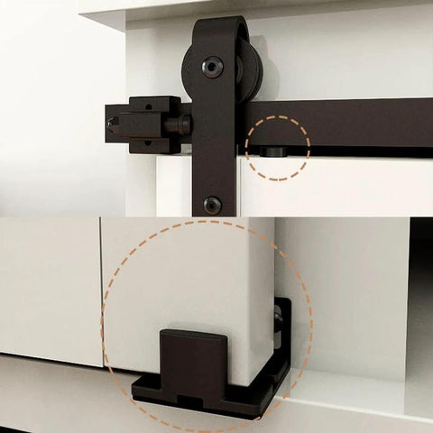 4Ft Sliding Barn Door Hardware Kit For Single Door TV Stands And Small Cabinets With J Shaped Hanger installed on cabinet