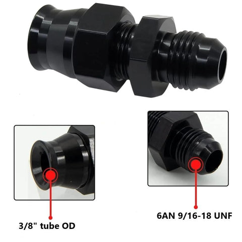 Black aluminum 6AN male flare to 3/8 in tube OD fuel hardline straight fitting adapter