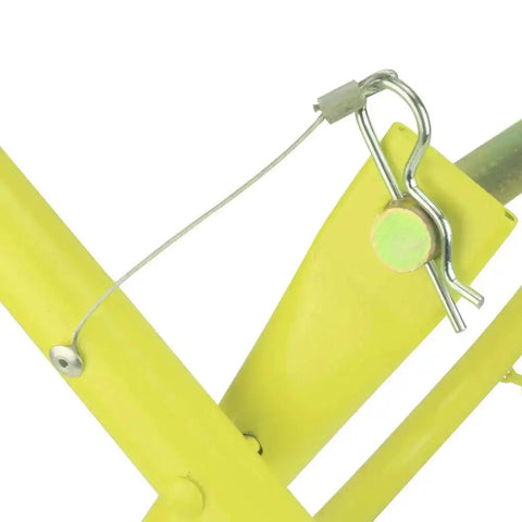 Close-up of bright yellow Heavy Duty Cable Caddy and Holder with 25mm tubing, tangle-free, foldable for easy storage in garage and shop.