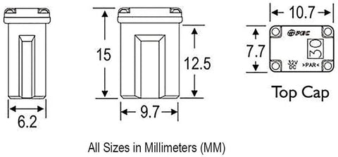 Technical diagram of 10 Pack 30 Amp Micro Cartridge Fuses For Electronics And Automotive Use, Micro Fuse FMM Mcase Micro Female Fuses, Compatible With 608830.