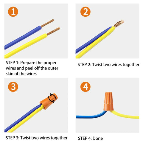 330-piece wire connectors kit shown in a four-step wiring diagram with blue and yellow wires and an orange cap