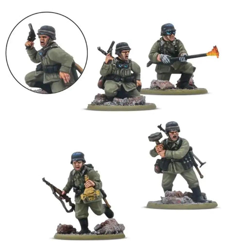 28mm German Army Veterans Infantry Platoon Plastic Miniatures with Flamethrower, Panzerbüchse 39, and MG34 for Bolt Action War Game