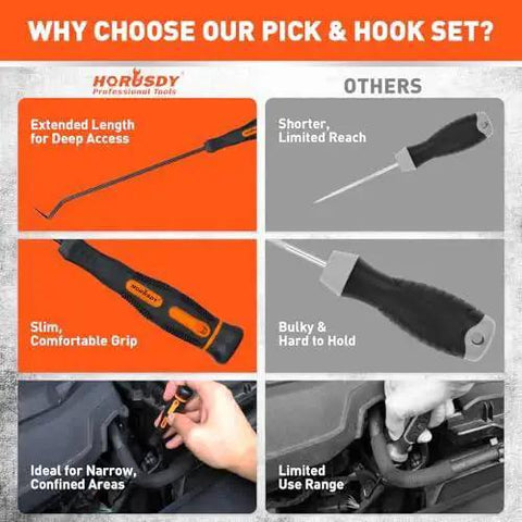 Comparison of professional 8 piece hook and pick set for automotive precision work with ergonomic handles and extended reach