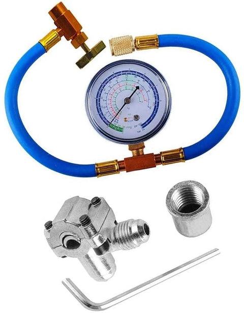 BPV-31 4-piece bullet piercing valve kit with blue hose, gauge, brass adapters for 1/4–3/8 in OD HVAC refrigerant pipes
