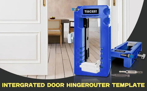 Blue Door Hinge Jig And Router Template For 3 To 5 Inch Hinges next to a door, showing precise installation tools.