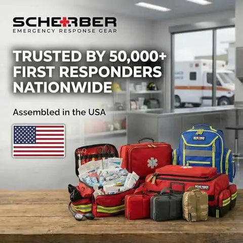 Premium IFAK Trauma Kit Gear Up With A Fully Stocked MOLLE Pouch displayed with medical supplies and USA flag in a first responder setting
