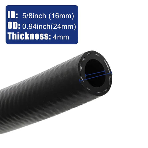 Automotive 5/8-inch black high-pressure hose for fuel, oil, and hydraulic systems; ID 5/8 in, OD 0.94 in, 4 mm thick.