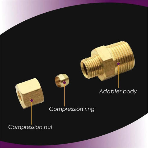 Brass ice maker water line adapter with 3/8 NPT male to 1/4 in compression; three brass components (nut, ring, body)