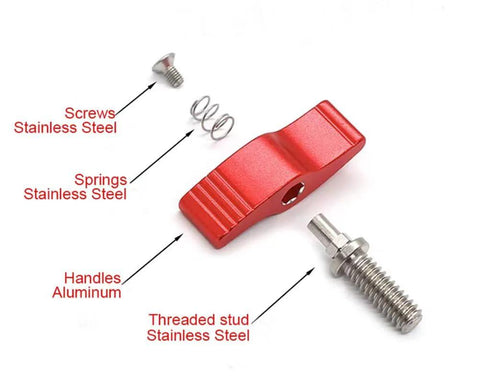Components of Red M8x20mm Thumb Screws With Handle Single Wing Rotating Knob Adjustable Stainless Steel 2 Pack for DIY projects.