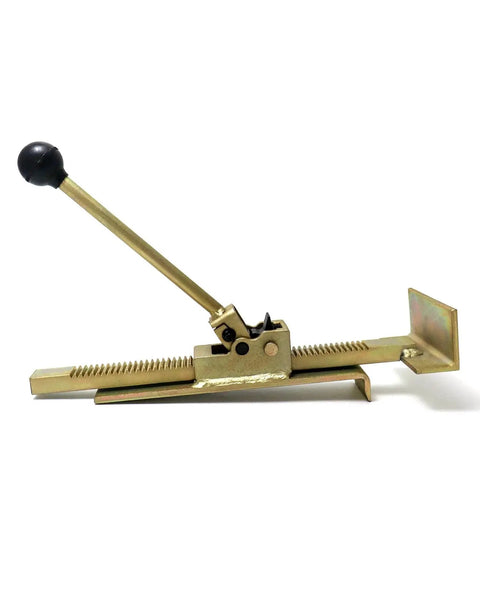 Side view of hardwood flooring jack and positioning tool with ratchet for straight install, showing metal construction and handle.