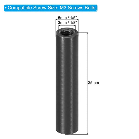 6 Pack M3 Aluminum Threaded Standoff Spacer Nuts 25mm Length Black Round Female Coupling 1/8 Inch ID x 3/16 Inch OD