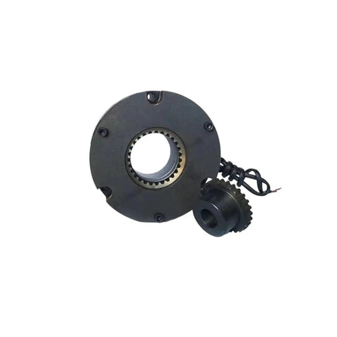 Electromagnetic brake assembly for motor, front view; black round housing with toothed inner bore and gear coupling