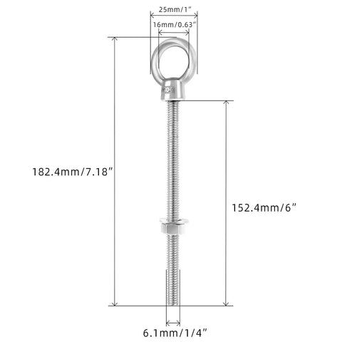 Diagram of Heavy Duty 1/4 Inch By 6 Inch Eye Bolt Set With 304 Stainless Steel Nuts And Washers, dimensions labeled