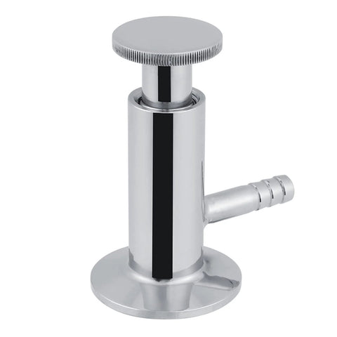 Stainless steel quick-release sampling valve with elliptic handle, chrome finish, side hose barb.