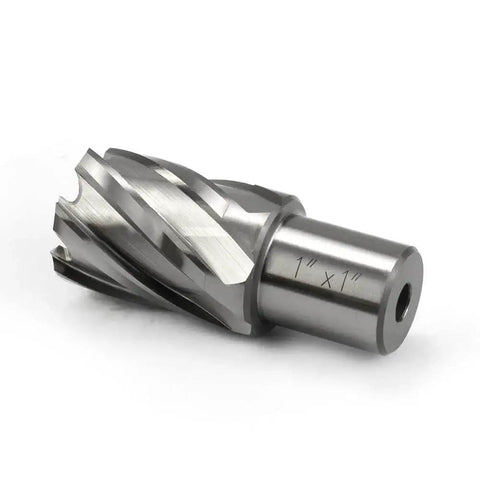 Boss Grade Heavy Duty Pro Grade 1 Inch Diameter Annular Cutter in metal, side view, for Magnetic Drill Press With Weldon Shank.