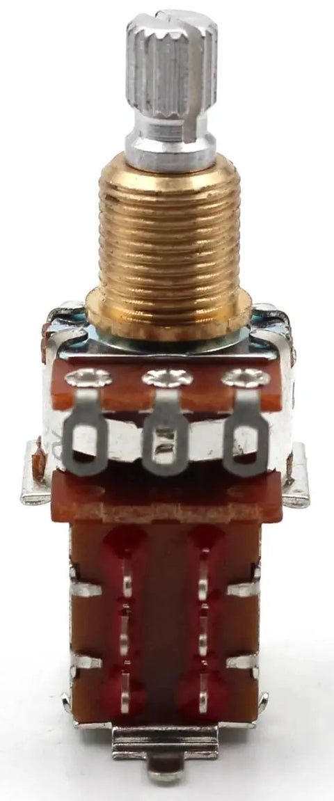 Front view of Push Pull 500k Guitar Potentiometer with Audio Taper for Coil Splitting and Phase Inversion, short split shaft 18-tooth.