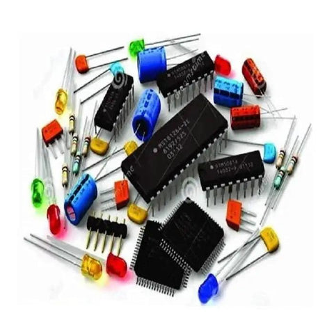 Assorted electronic components for building circuits, including resistors, capacitors, LEDs, and IC chips.