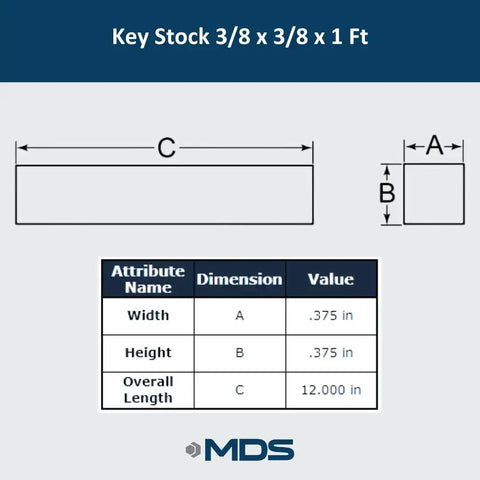 Diagram of Zinc Plated Carbon Steel Key Stock 3/8 Inch by 3/8 Inch by One Foot Flat Bar with dimensions labeled.
