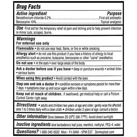 Label showing active ingredients and warnings of On The Go Medicated Wound Wipes With Sting Free Formula For Minor Cuts Scrapes And Burns Dermoplast Medicated Antiseptic Wipes Individually Wrapped First Aid Cloths For The Whole Family Safe For Kids Ages Two And Up 10 Count