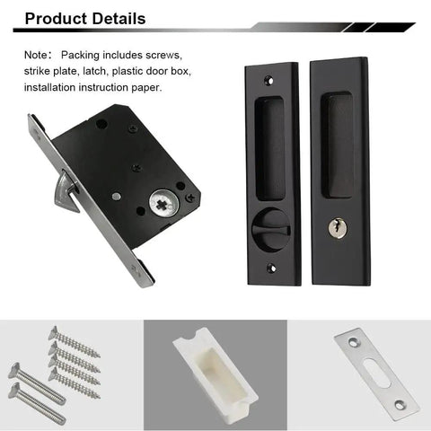Matte Black Sliding Door Handle For Bath And Barn Doors, Zinc Alloy Flush Handle With Privacy Pocket Door Lock, Durable Zinc Construction, Suitable For Doors One And Three Eighths To One And Three Quarters Inches Thick, shown with screws and installation parts.