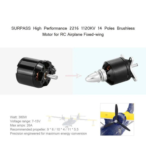 Image of Surpass High Performance 2216 1120KV 14 Pole Brushless Motor for RC Airplane, showing side view with CNC aluminum heatsink.