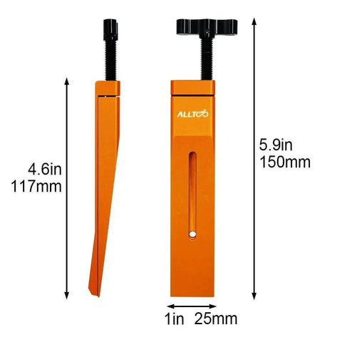 Pro Grade Brake Caliper Piston Press Tool For Hydraulic Disc Brakes, Precise Piston Alignment And Spreading For SRAM, Shimano And All Brands, No Fuss Caliper Service For Easy Pad Replacement, side and front view with measurements in orange.