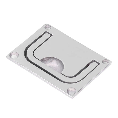 Stainless steel central console plate (3.8 x 2.7 in) with four mounting holes and a curved U-slot