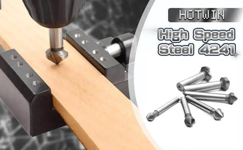 Six Piece Silver HSS Countersink And Chamfer End Mill Bit Set For 90 Degree Chamfers displayed with usage in a drill