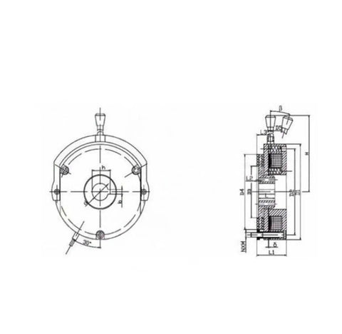 Electromagnetic motor brake assembly DHM3-30 DC99V, front and side technical drawings