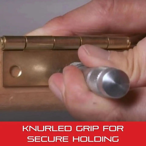 Pro Grade Steel Center Punch With Round Shank And Knurled Grip, Hardened And Tempered For Precise Indentations on a hinge