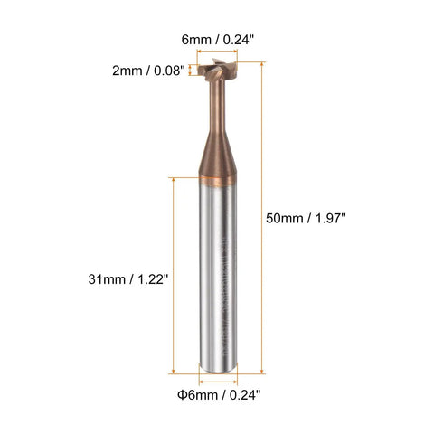 T Slot End Mill Milling Cutter For Stainless Steel Alloy 6mm Diameter 2mm Cutting Depth 6mm Shank 4 Flutes Solid Carbide Titanium Coated Built Tough For Precision showing measurements.