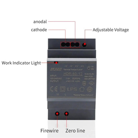 Front view of Ultra Slim 60W DIN Rail Power Supply 100-240V AC In, Pro Grade 5V 12V 24V 48V Outputs, Industrial Control Panel Adapter