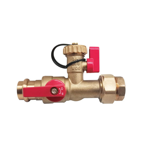 Brass 3/4 inch tankless water heater isolation valve kit with pressure relief, female threaded x press, red handles