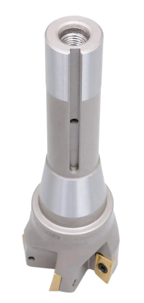 Front view of Indexable End Mill With 2 Inch Diameter And Six And One Eighth Inch Overall Length, 90 Degree Right Hand Cut, R8 Shank, 5 APKT1604 Carbide Inserts Tin Coated, No Coolant Through, Pro Grade Metalworking Tool By Accusize Industrial Tools.