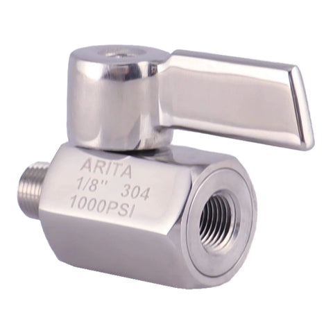 ARITA 1/8 in stainless steel mini ball valve with lever handle, 304, 1000 PSI, male/female NPT