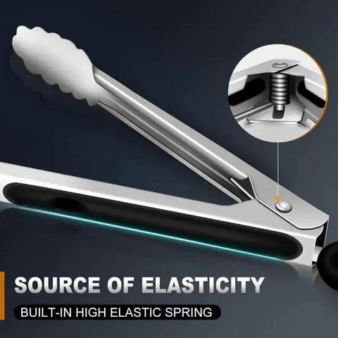 Side view of Heavy Duty Stainless Steel Kitchen Tongs Set Of 3 with elastic spring detail, demonstrating locking mechanism and grip.