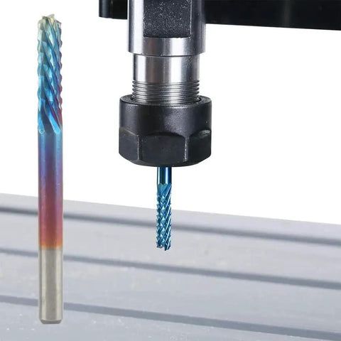 Ten Piece Nano Blue Coat End Mill CNC Router Bits Set For PCB Mold Plastic Fiber Carbon Fiber Hard Wood With One Eighth Inch Shank And Diameters From 0.8 To 3.175mm For Precision Milling And Do It All CNC Machining, bit installed in CNC router