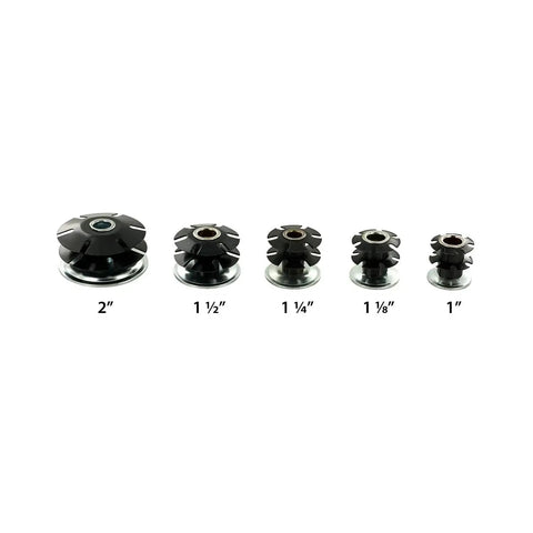 Five different sizes of black steel caster inserts, labeled from 2-inch to 1-inch, suitable for various tube sizes, front view.