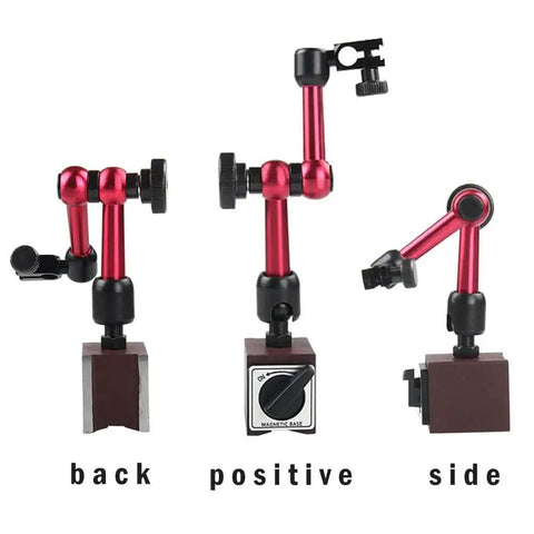 Red Adjustable Magnetic Base Holder For Digital Dial Indicator With Three Joints And Easy On Off Move Base Quick Magnetic Release Dial Test Indicator Mount For Narrow Recessed Surfaces Ideal Precision Tool For Machinists And Home Workshops, shown in back, front, and side view