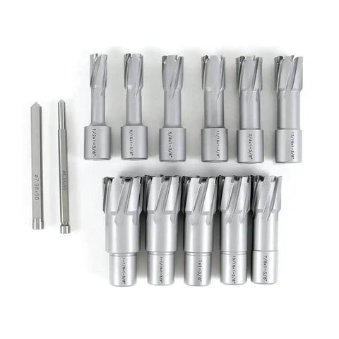Heavy Duty Carbide TCT Annular Cutter Set For Magnetic Drill Press 13 Piece With Weldon Shank And One And Three Eighths Inch Cutting Depth Includes Pilot Pins