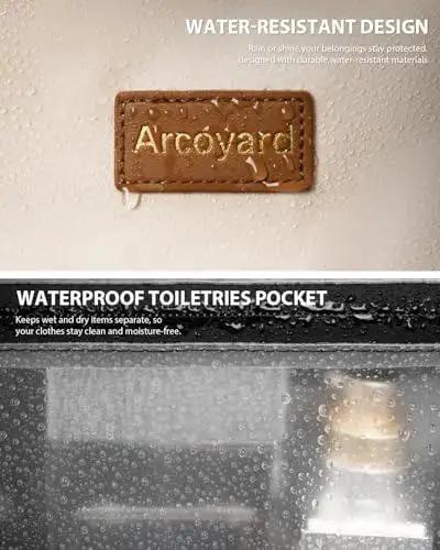 Close-up of Arcoyard logo on the water-resistant polyester exterior of Rolling Backpack With Wheels For Travel Carry On 40L Capacity Built For Women On The Go.