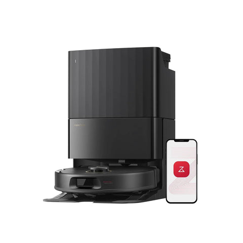 roborock Qrevo S5V robot vacuum and mop with tall black docking station and smartphone displaying app