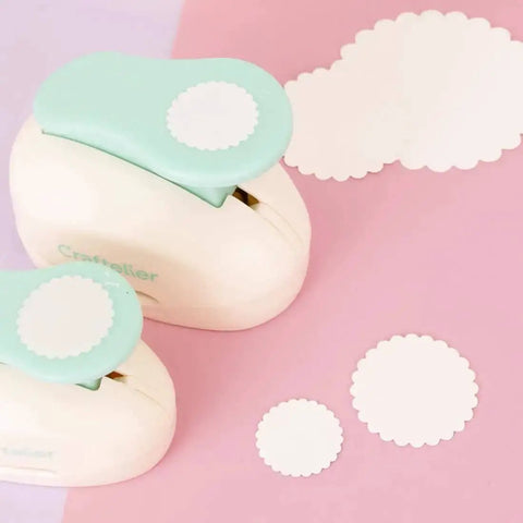 3 Inch Circle Scallop Punch With Easy Lever Press for scrapbooking DIY cards, showing scalloped cutouts on pink surface
