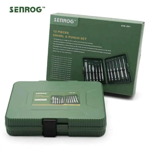 12 Piece Punch And Chisel Set With Carrying Case For Metalworking Including Flat Chisels Center Punches Pin Punches And Conical Punch Ideal For DIYers Hobbyists And Pro Shops In The Garage Or Home, shown in green case with packaging