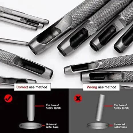 12 mm Round Hole Punch for Leather showing correct and incorrect use methods, heavy duty steel cutter tool demonstration.