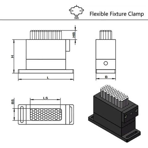 Diagram and photo of Flexible Claw CNC Assembly Fixture Clamp 30x79 mm With 67 Pins 6 mm Diameter SUS Stainless Steel Pins