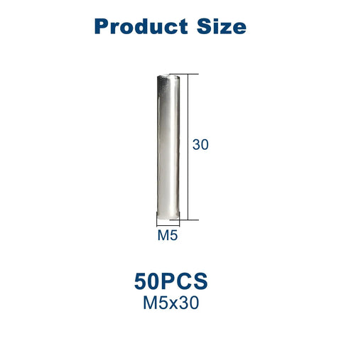 M5 X 30mm Dowel Pins, 304 Stainless Steel, cylindrical locating pins size M5x30, showing 50 pieces for shelves and cabinets fixing