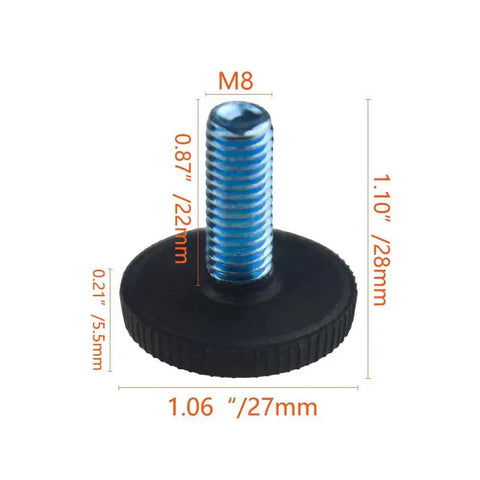 24 Pack M8 1.25mm Furniture Leveling Feet Screw On Adjustable Levelers with measurements for chairs, tables, and cabinets.